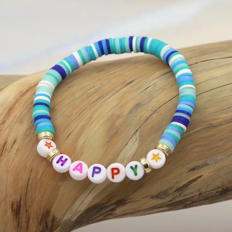 Multicolor Clay Beaded Letter Bracelet | Custom Friendship & Love Boho Jewelry