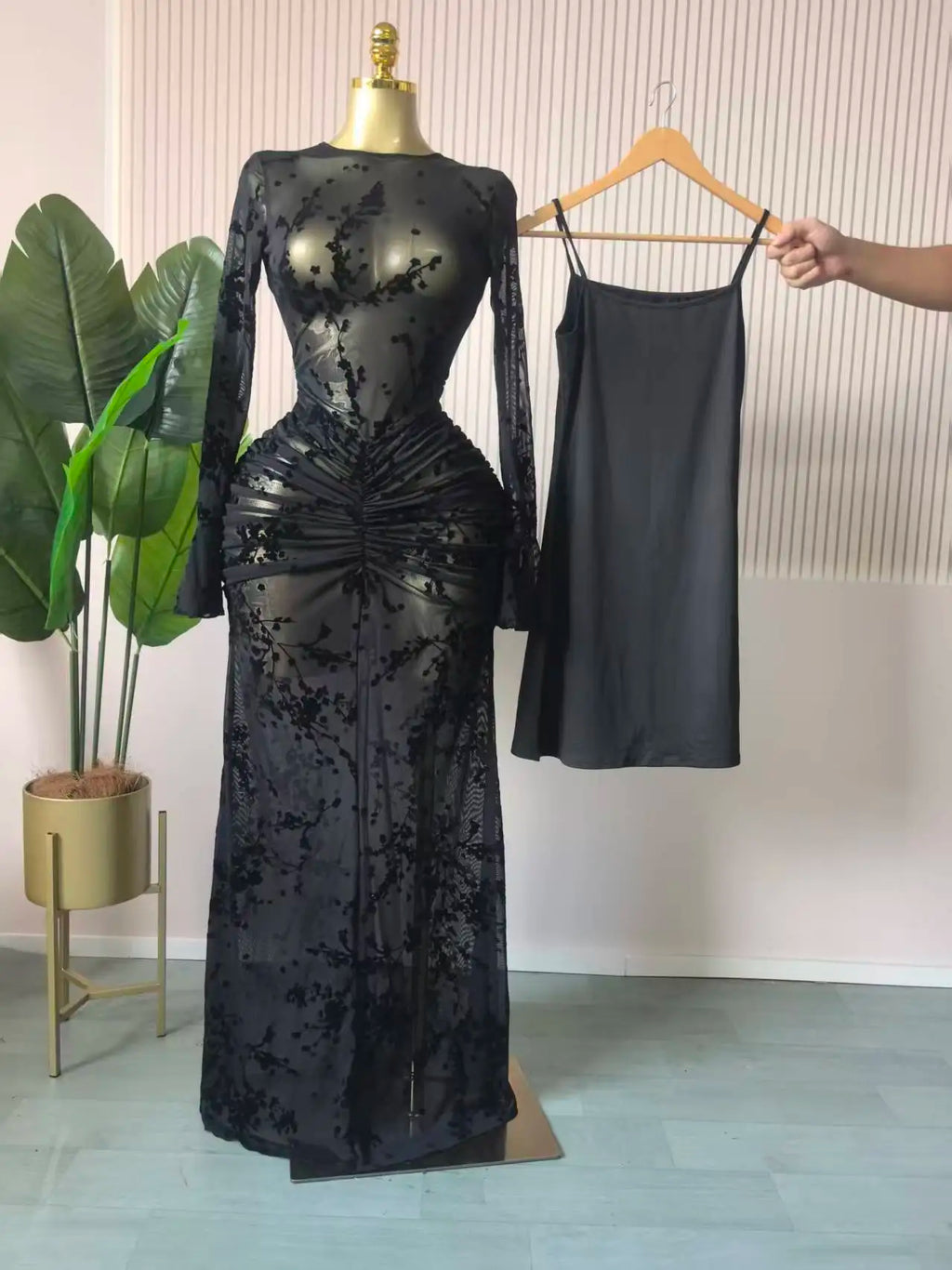 CM.YAYA Women Long Sleeve Stacked Mesh See Though with Lining Bodycon Long Dress 2025 Autumn Evening Birthday Sexy Party Dresses