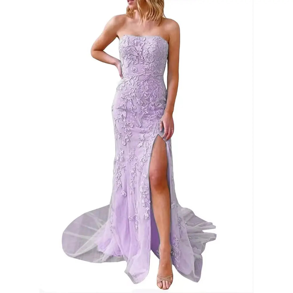 Customized Lace Appliques Strapless Prom Dresses Sexy Mermaid Side Slit Formal Evening Party Gowns Vestido De Fiesta