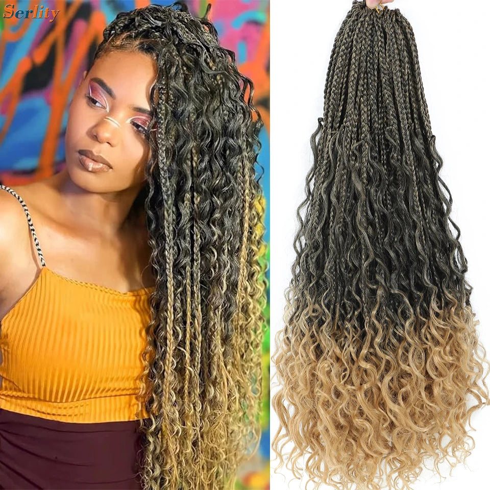 Boho Box Braids Goddess Bohemian Hippie Braids Braiding Hair Box Braids with Curly Ends Messy Pre-looped Synthetic Crochet Hair