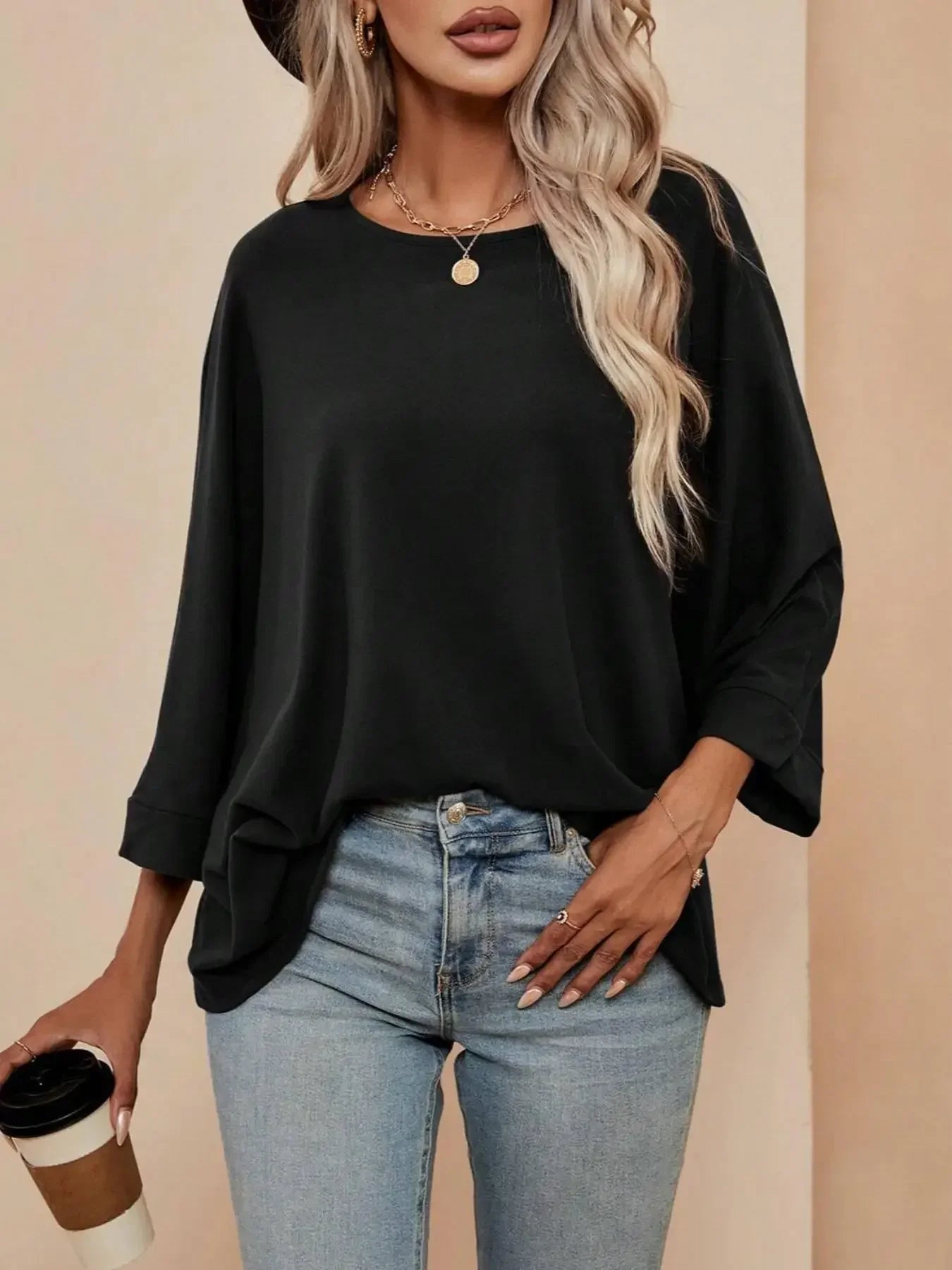 Plus Size Women's Fashionable  Spring Autumn Long Sleeved T-shirt Ladies Casual O-neck Solid Color Bat Sleeve T-shirt Loose Tops
