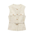 Women's Tweed Waistcoat with Belt, O Neck, Sleeveless, Front Button, Female Outerwear, Chic Tops, Fashion