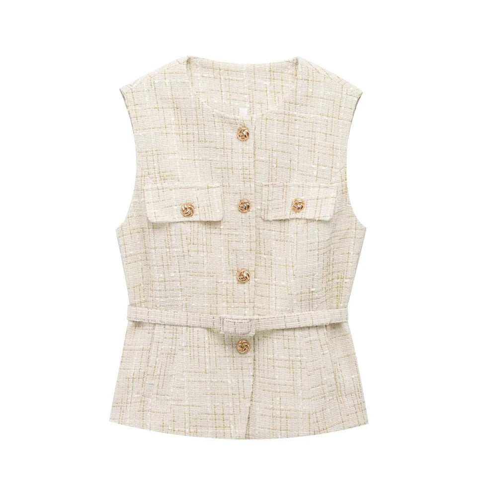 Women's Tweed Waistcoat with Belt, O Neck, Sleeveless, Front Button, Female Outerwear, Chic Tops, Fashion