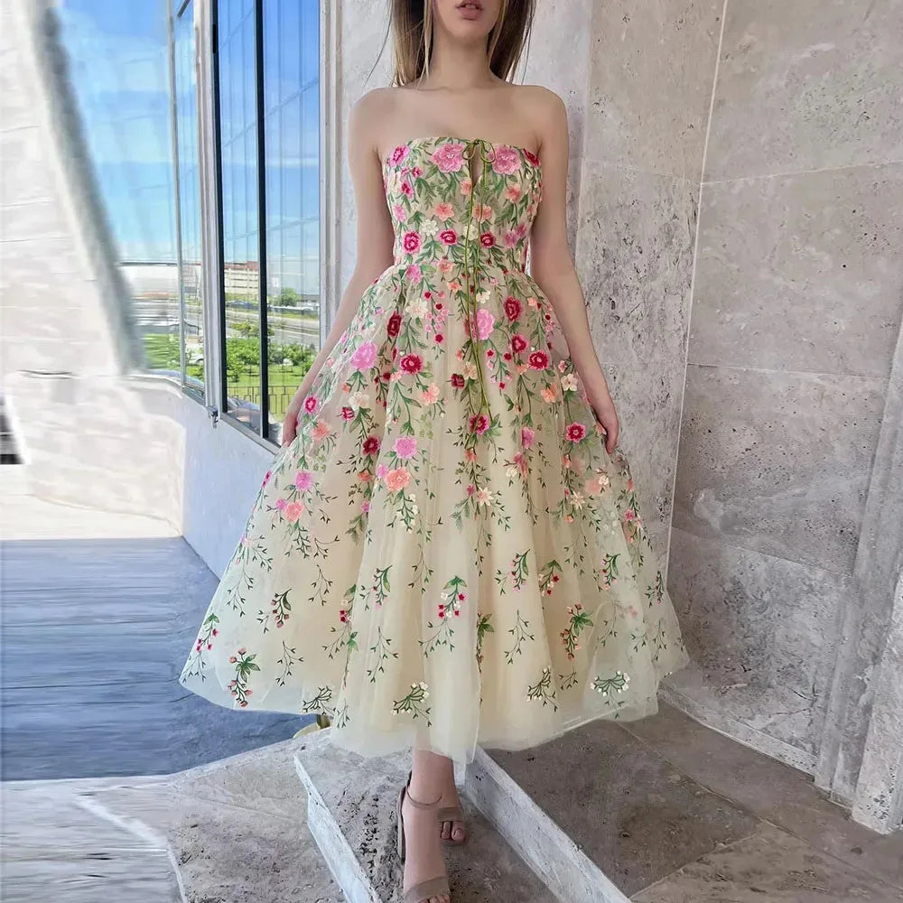 Flower Lace Graduation Party Dress Sexy Strapless Tea Long A-Line Celebrity Prom Gown Special Event Vestidos De Gala Customized
