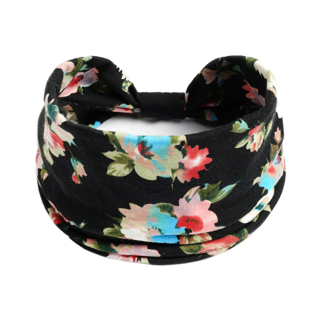Boho Wide Knot Floral Cotton Headband | Stretch Turban Hair Scarf for Women