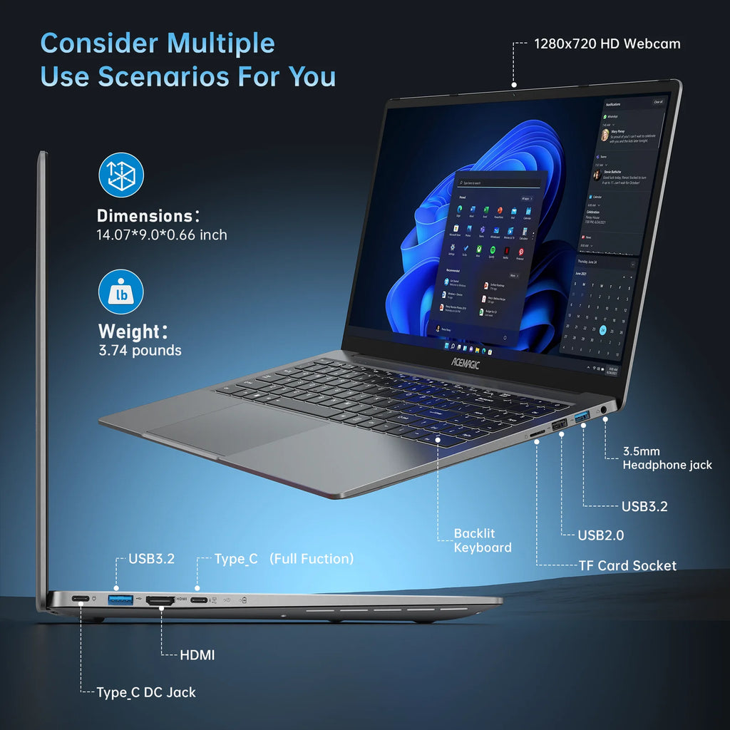 ACEMAGIC 16.1″ Laptop — Ryzen 7 5700U, 16GB DDR4, 512GB NVMe SSD, Radeon Graphics, FHD IPS, Wi-Fi 6, Backlit KB, Windows 11