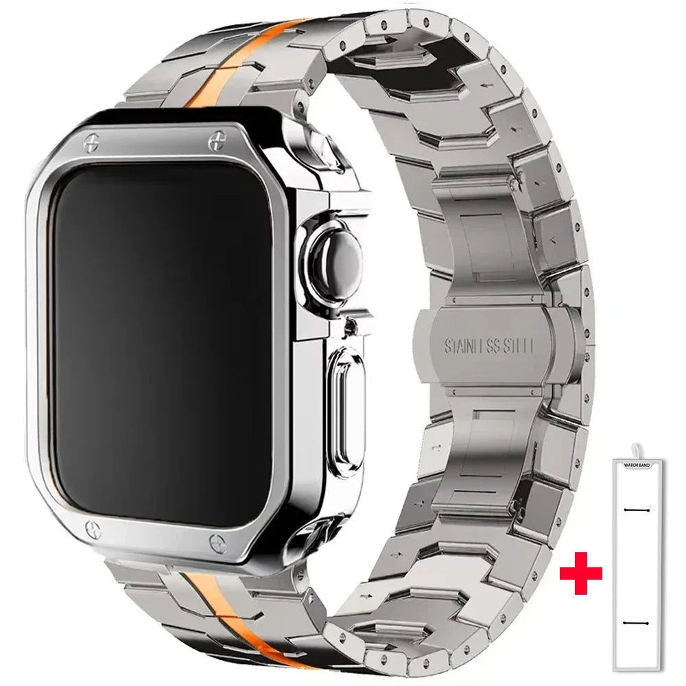 Jaytop Stainless Steel Watch Band + Case for Apple Watch (Ultra / Series 10–4 & SE) — Butterfly Buckle