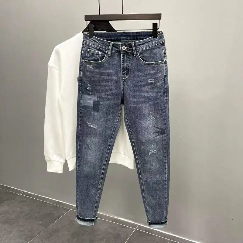 New Arrival Fashion Men's Jeans Splicing Cat Whiskers Ripped Scratched Luxury Clothing Slim Fit Tapered Legs Designer Slim Jeans