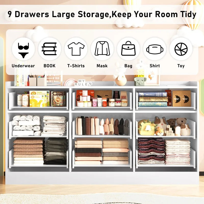 9 Drawer Dresser with Power Outlet & LED Light, Modern Chest of Drawers for Closet, 63" Drawer Organizer Cabinet for Bedroom