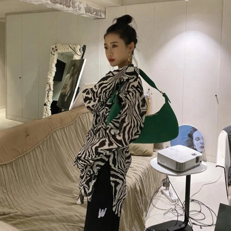 Zebra Print Shirt Women's Spring Thin Tops Retro Fashion French Chiffon Shirts Women's Loose Versatile Sunscreen Shirts Top