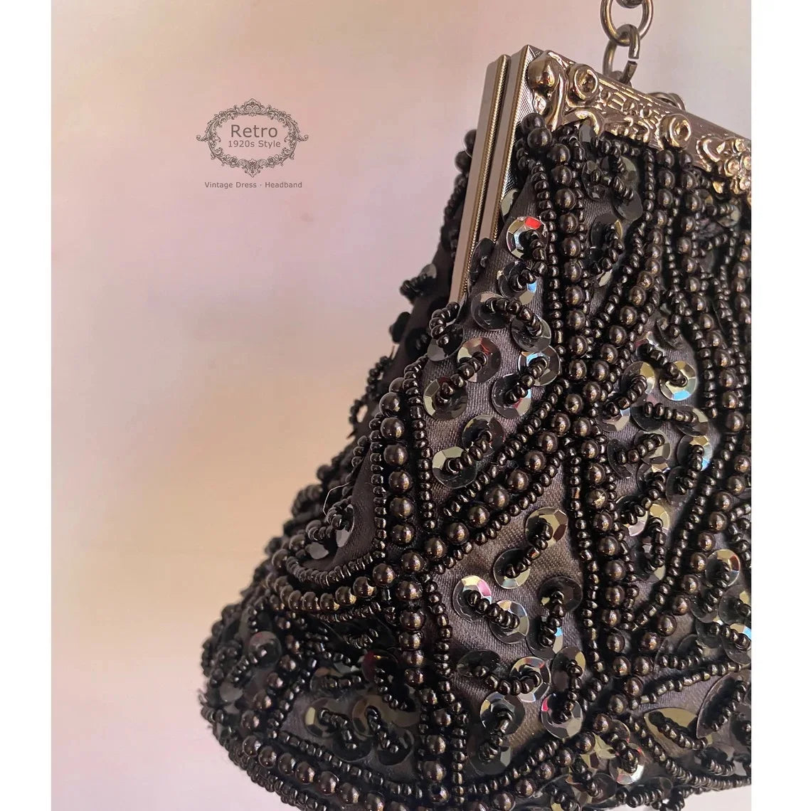Lost in Vintage Clutch Handbag Beaded and Sequin Kiss-lock Closurer Shoulder Bag Crossbody Detachable ChainProm Evening Party