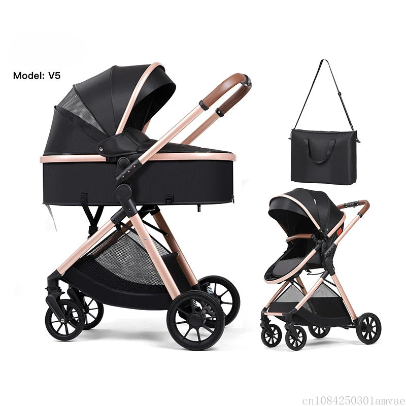 2-in-1 multifunctional baby stroller, baby stroller can sit or lie down, newborn high landscape stroller with mommy bag