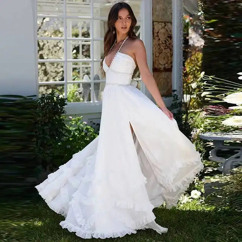 Giyu Sexy Pearl Evening Club Party Dresses Women Summer Dress Elegant Spaghetti Strap Backless Lace Up Maxi Long Ruffles Robe