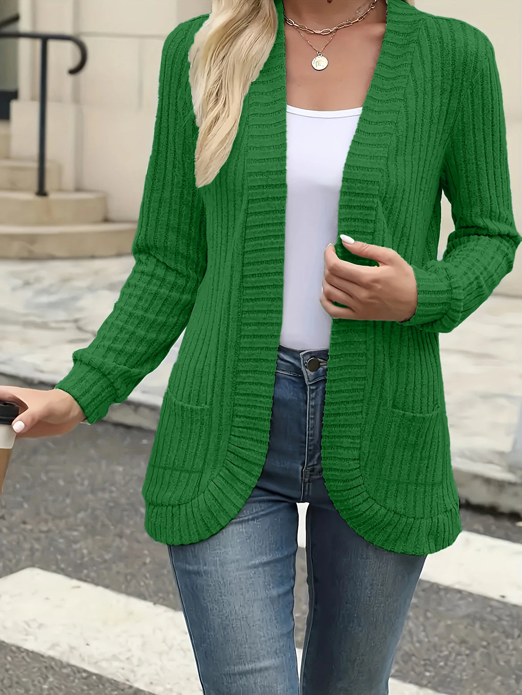 New fashion women's solid color casual pit stripe brushed cardigan jacket