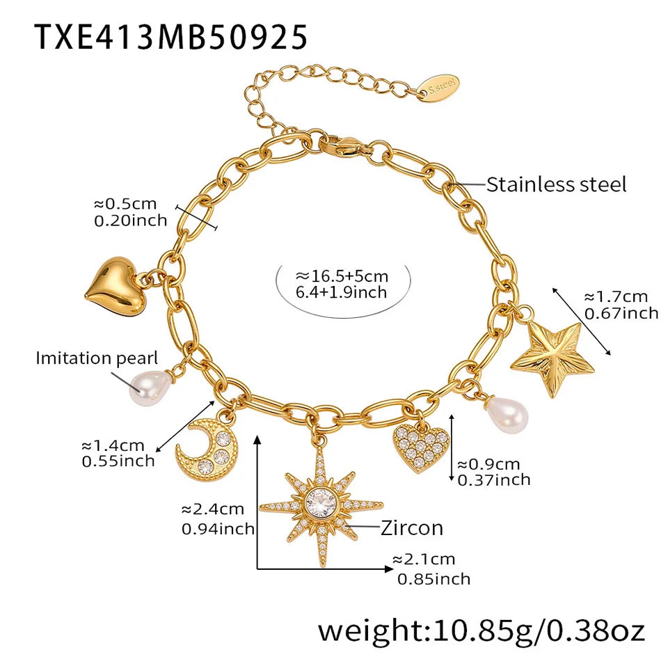 Zircon Heart, Star & Moon Jewelry Set | 18K Gold-Plated Stainless Steel Necklace & Bracelet