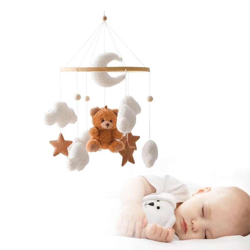 Wooden Crib Mobile Baby Bed Bell Rattle Toy Soft Felt Cartoon Bear Mobile bracket Newborn Music Box Bed Bell Hanging Bracket Toy