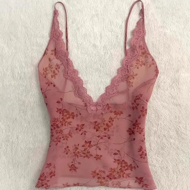 Women's Clothing See Through Tanks Gauze V-neck Sleeveless Tees Ropa Mujer Slim Fit Backless Camis Print Backless Sexy Vest Tops
