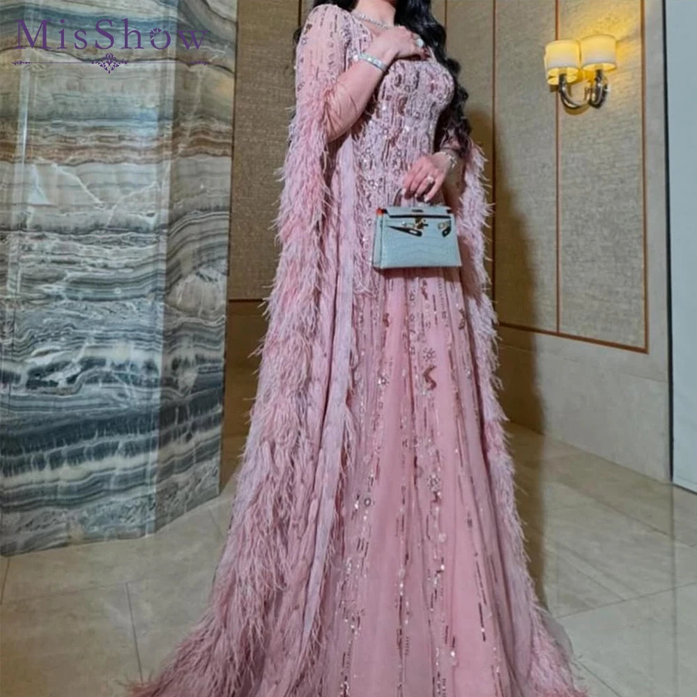 MisShow Customized Pink Feather & Beaded Evening Dress Gown with Sleeves Modest Dresses for Arabic Weddings & Royal Banquets