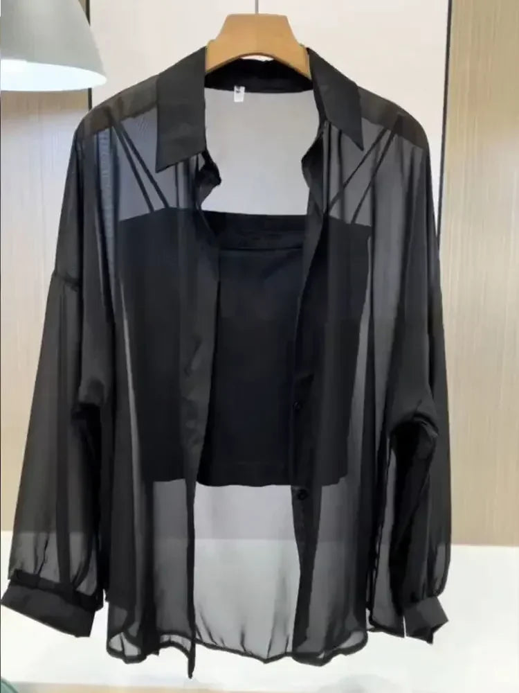 Plus Size Women’s Shirts 2025 Summer Breathable and Sun-Proof Ice Silk with Button Thin Loose Sheer Chiffon Blouses Long Sleeve