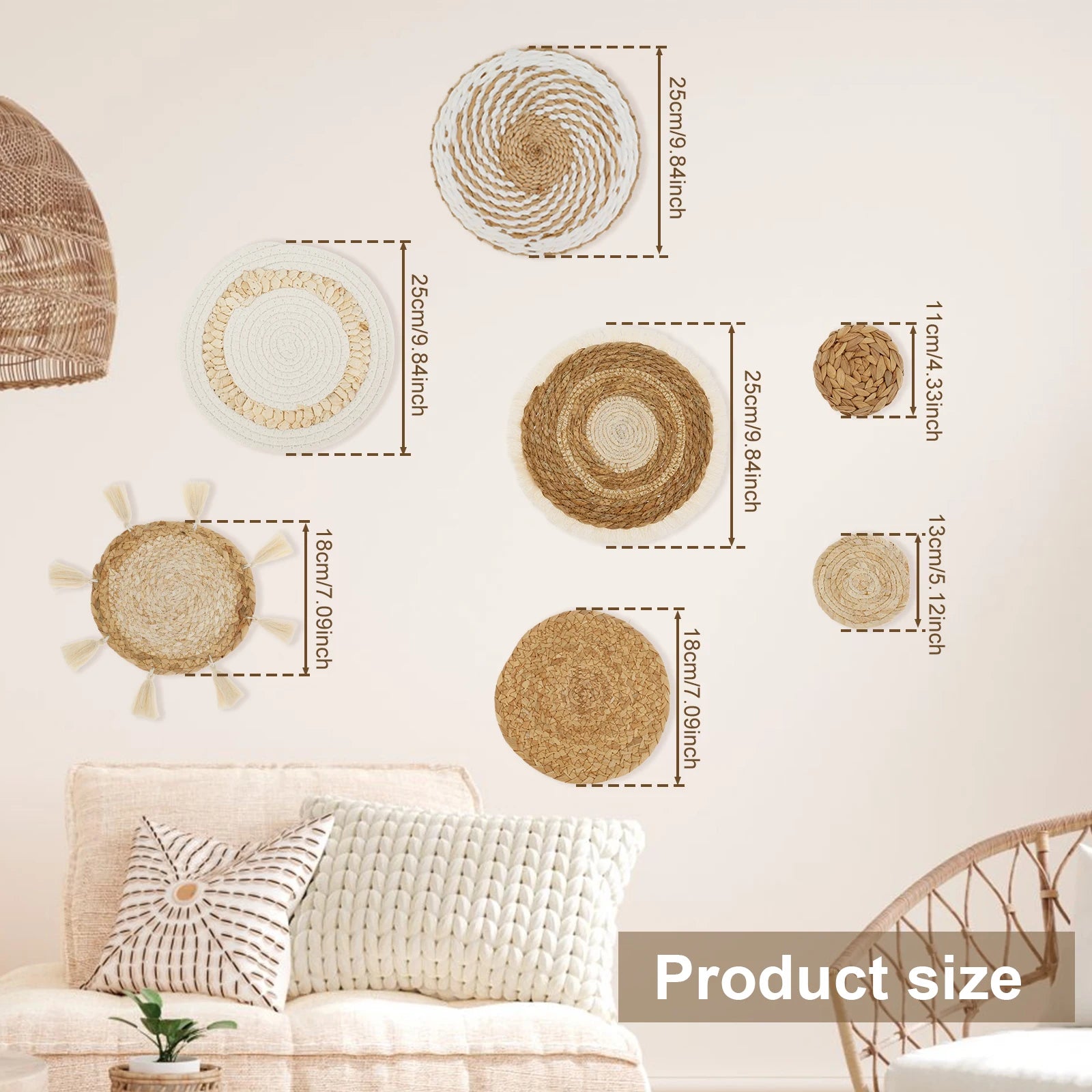 7-Piece Hanging Woven Wall Basket Set – Handmade Boho Farmhouse Décor