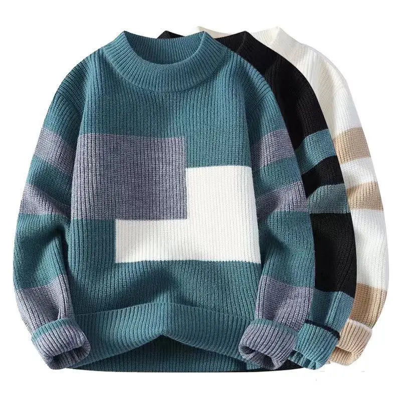 Autumn Winter New Men Sweater Mock Neck Patchwork Contrast Color Trend Youth Fashion Thicken Long Sleeve Pullovers Knitted Tops