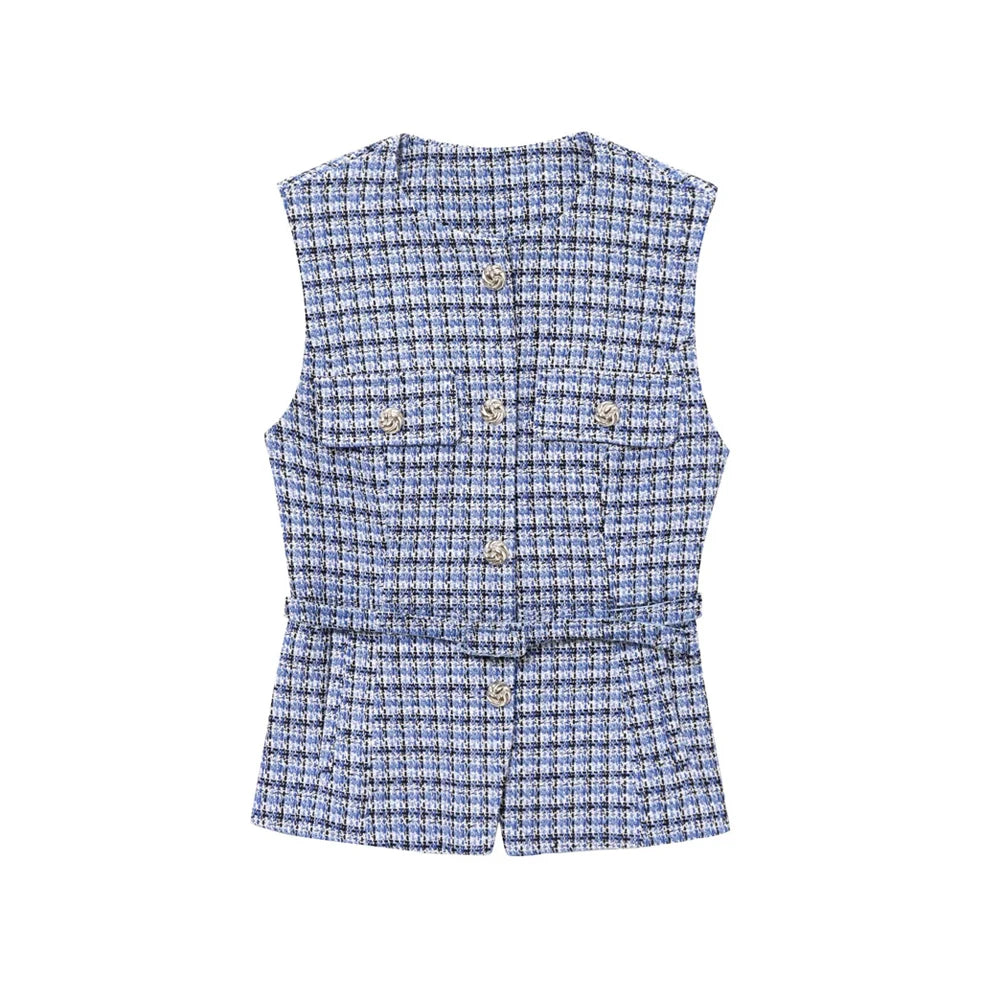 Women's Tweed Waistcoat with Belt, O Neck, Sleeveless, Front Button, Female Outerwear, Chic Tops, Fashion
