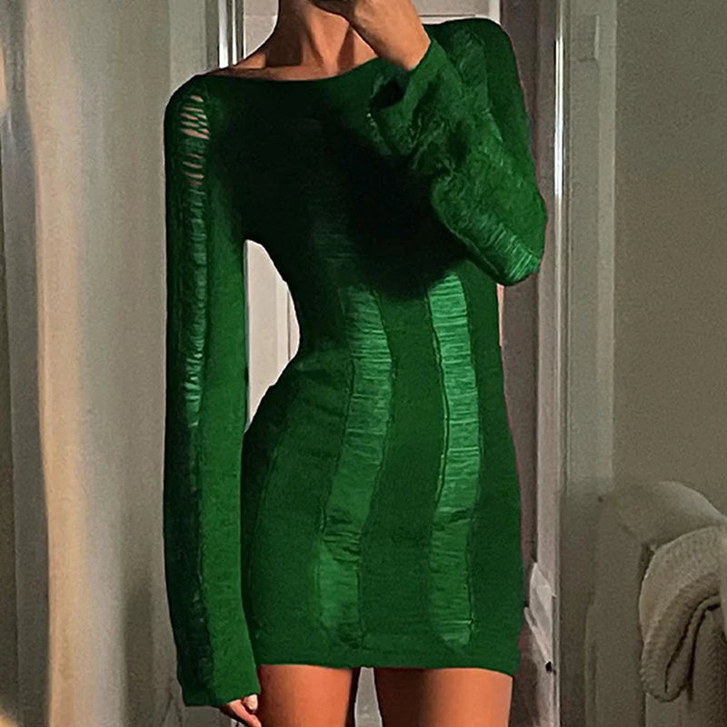 Crochet Long Sleeve Bodycon Dress Women Sexy Hollow Out Backless Knitted Mini Dress 90s Vintage Coquette Female Cocktail Vestido