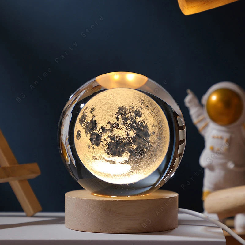 3D Planet Crystal Ball Night Light — USB Powered, Mini 5 cm Glass Globe with Wooden Base
