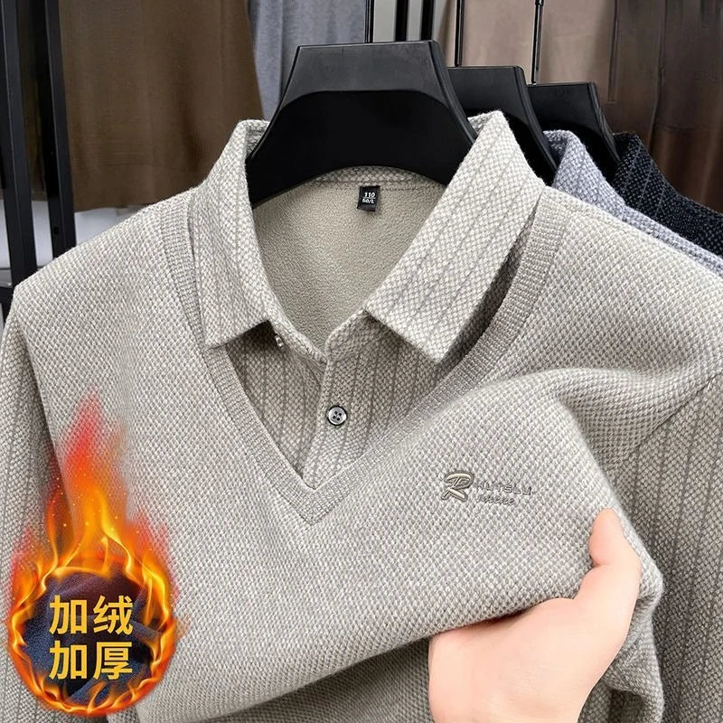 Men's Plush Sweater Autumn Winter Fashion Button Lapel Striped Pullovers Business Casual Fleece Lined Knitted Thickened Sweaters