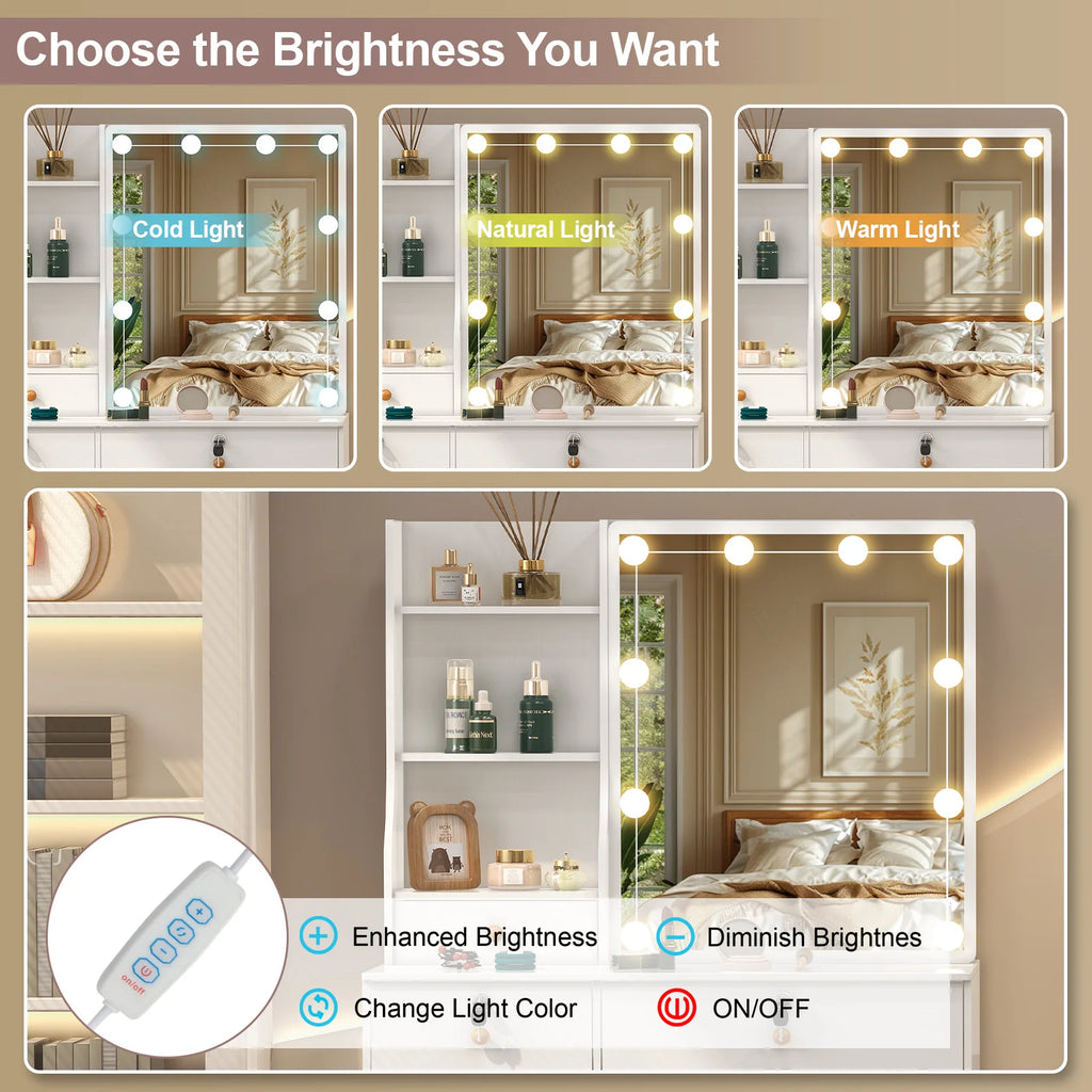 Lighted Vanity Desk Dressing Table Dresser Desk With Stool Set LED Makeup Mirror