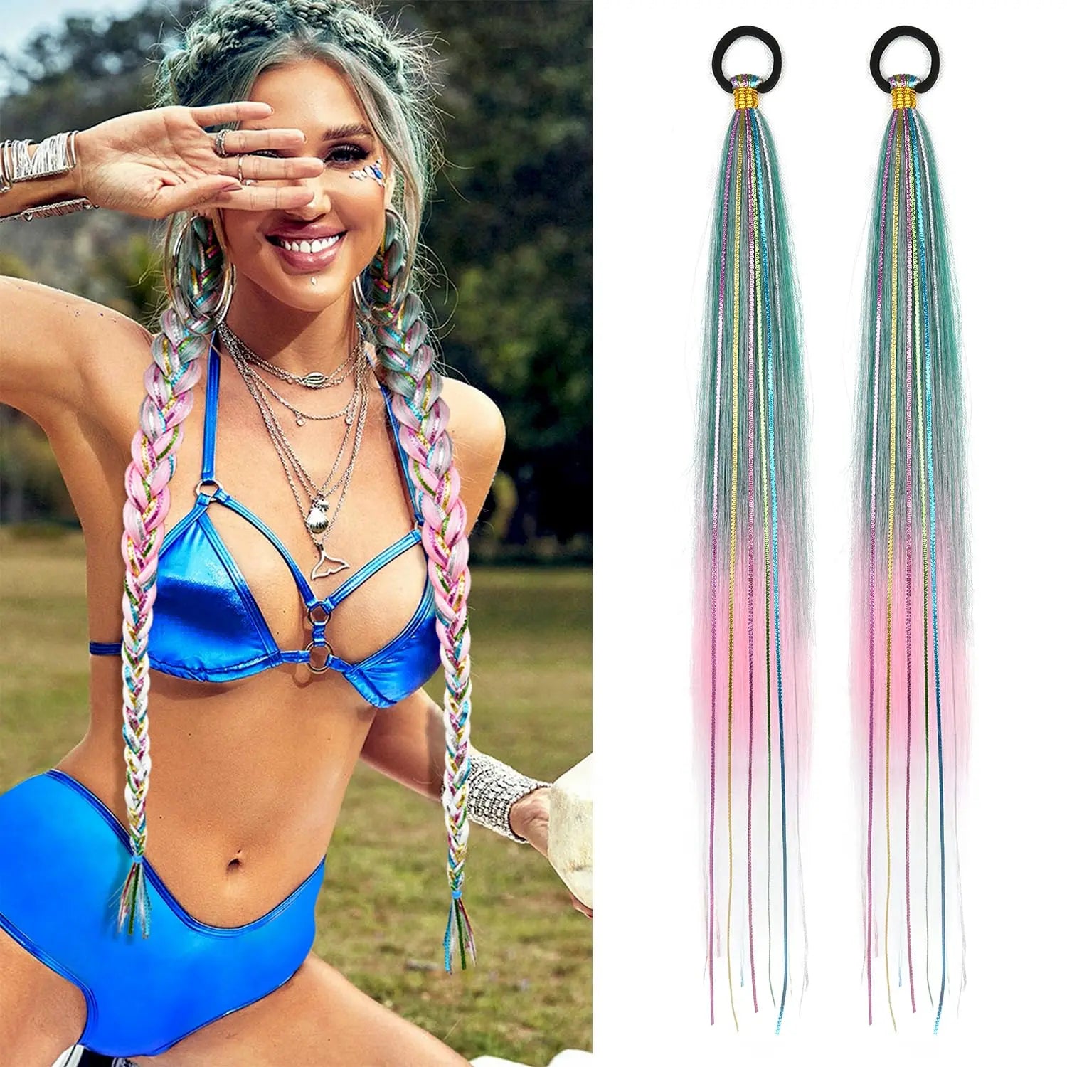 26 Inch Hair Tinsel Colored Braided Ponytail Extension 1/2 Pack Blue Pink Gradient Hair Extensions Synthetic Ponytail