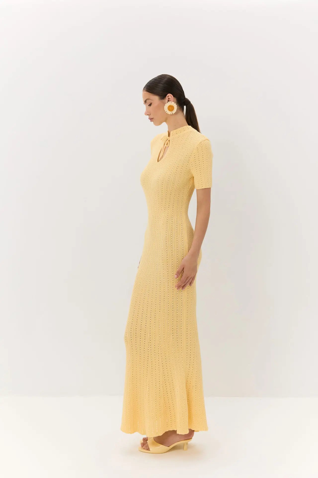 Tossy Knit Hollow Out Lace-Up Dress Female Ribbed Short Sleeve Patchwork High Waist Elegant Long Dress Women's Knitwear Dress