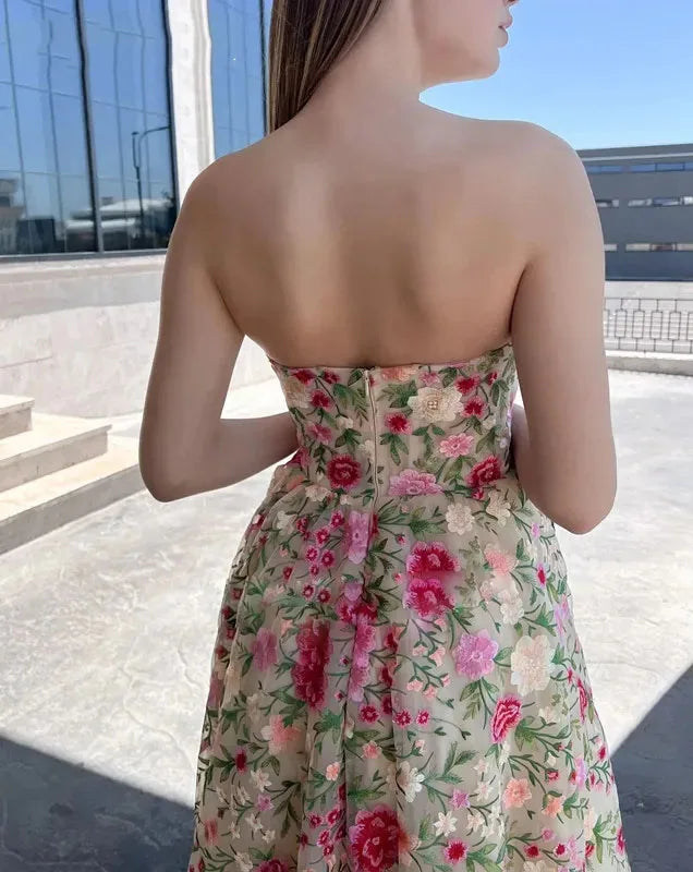 Flower Lace Graduation Party Dress Sexy Strapless Tea Long A-Line Celebrity Prom Gown Special Event Vestidos De Gala Customized