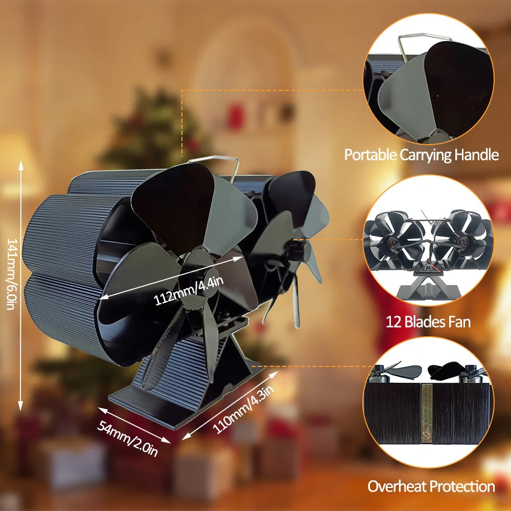 Wood Stove Fan Heat Powered Dual Silent Motors 4 Blades Non-Electric Heat Fireplace Fan with Bracket and Magnetic Thermometer