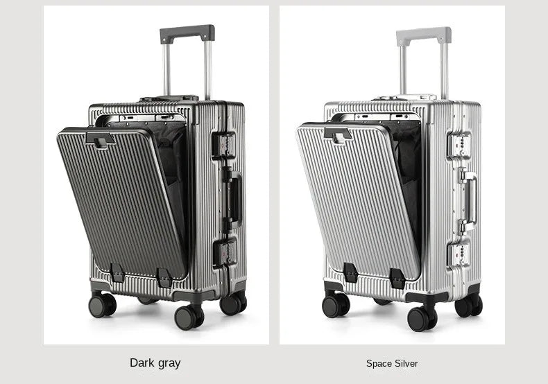 Suitcase Front Opening Pocket Aluminum Alloy Frame Rolling Luggage with USB Charging Plug Trolley Carry-on Case Bag with Wheel