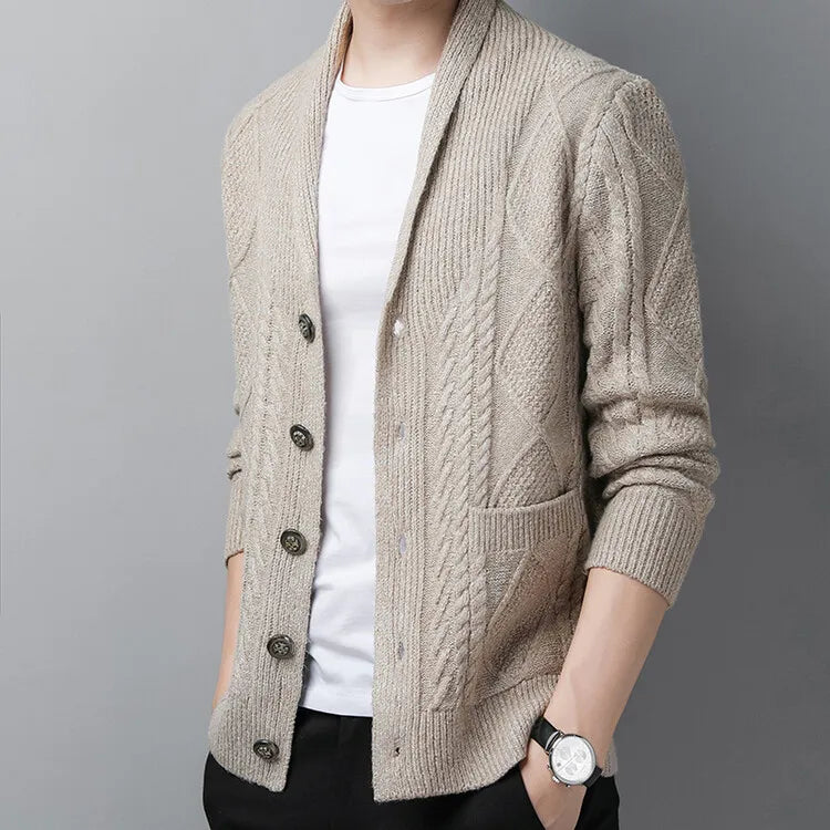 New Men's Knitted Cardigan, Youth Lapels Long Sleeve Coat, Men's Sweater Casual, Camel Black Gray Warm Sweater