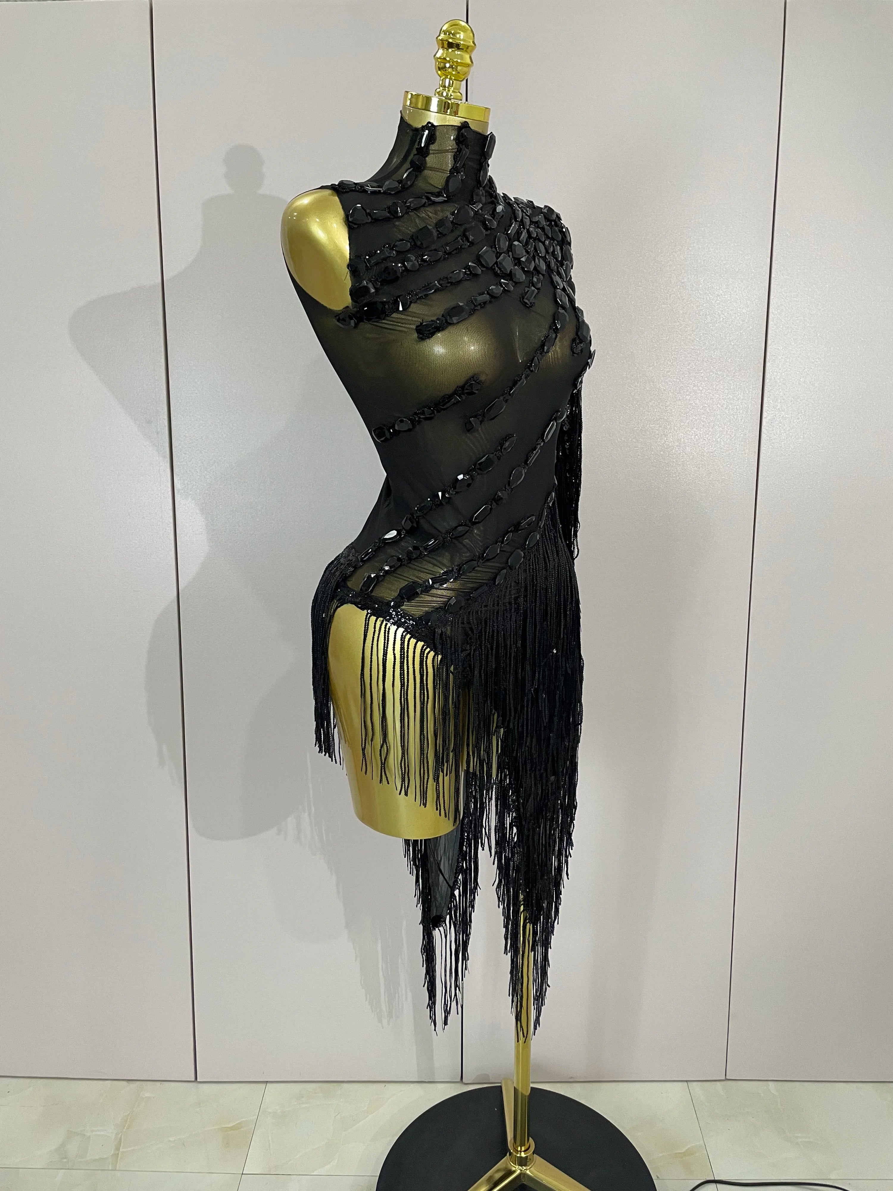 New Stage Costume Sparkly Rhinestones Tassel Sexy See-Through Dress Women One Shoulder Latin Dance Bars Nightclub Party Outfits