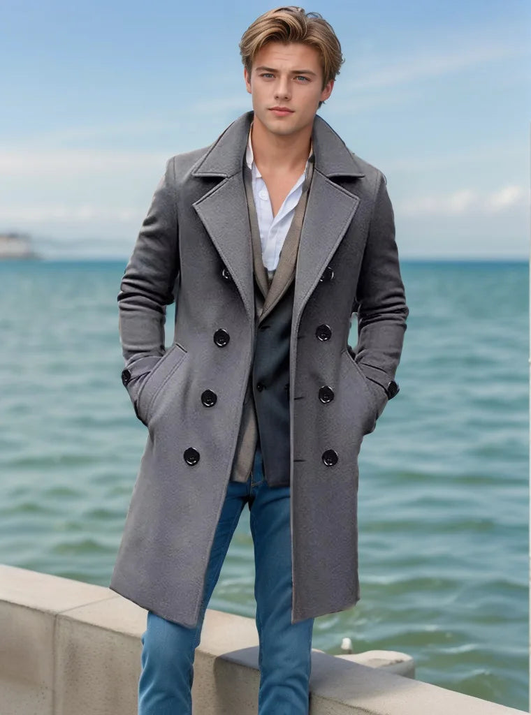 Autumn and Winter Men's Woolen Coat with Double Row Buttons Lapel Long Sleeve Solid Color Windbreaker Pockets Double Breasted