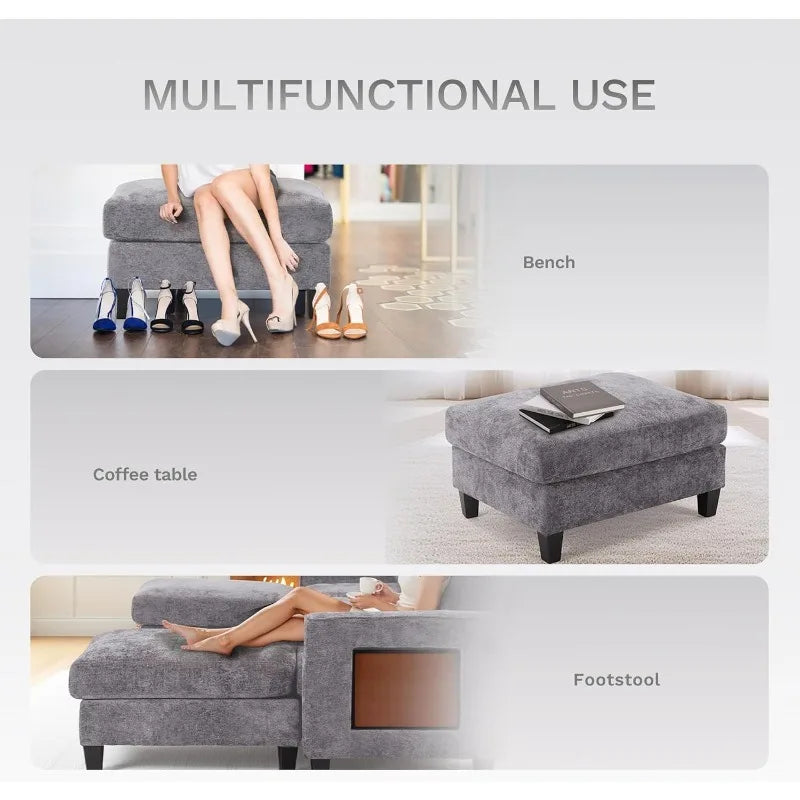 118" U-Shaped Sectional Couch, 4-Seat Modular Sofa with 2 Ottomans and Foldable Side Table, Grey for Living Room