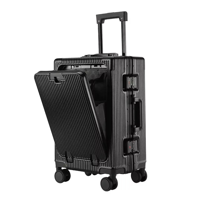 Suitcase Front Opening Pocket Aluminum Alloy Frame Rolling Luggage with USB Charging Plug Trolley Carry-on Case Bag with Wheel