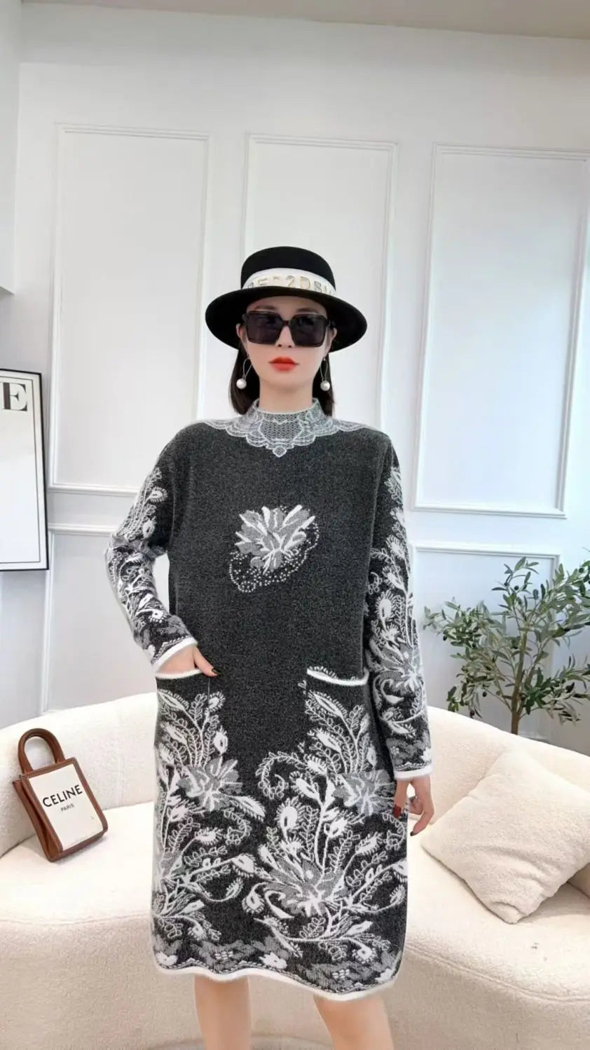 Autumn Winter Women Vintage Ethnic Style Flower Pockets Knitted Dresses Ladies Half High Collar Long Sleeve Loose Sweater Dress