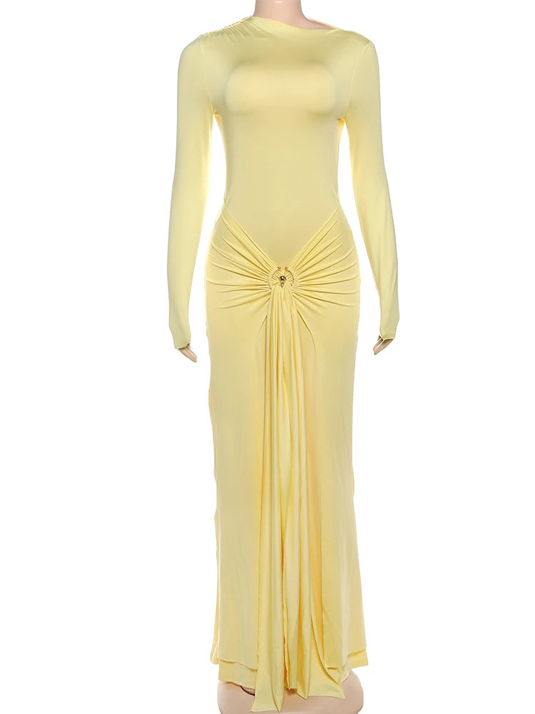 Weird Puss Ruched Elegant Maxi Dress Women Daily Casual Fashion Skinny Full Sleeve Solid Gown Midnight Prom Party Long Bodycon