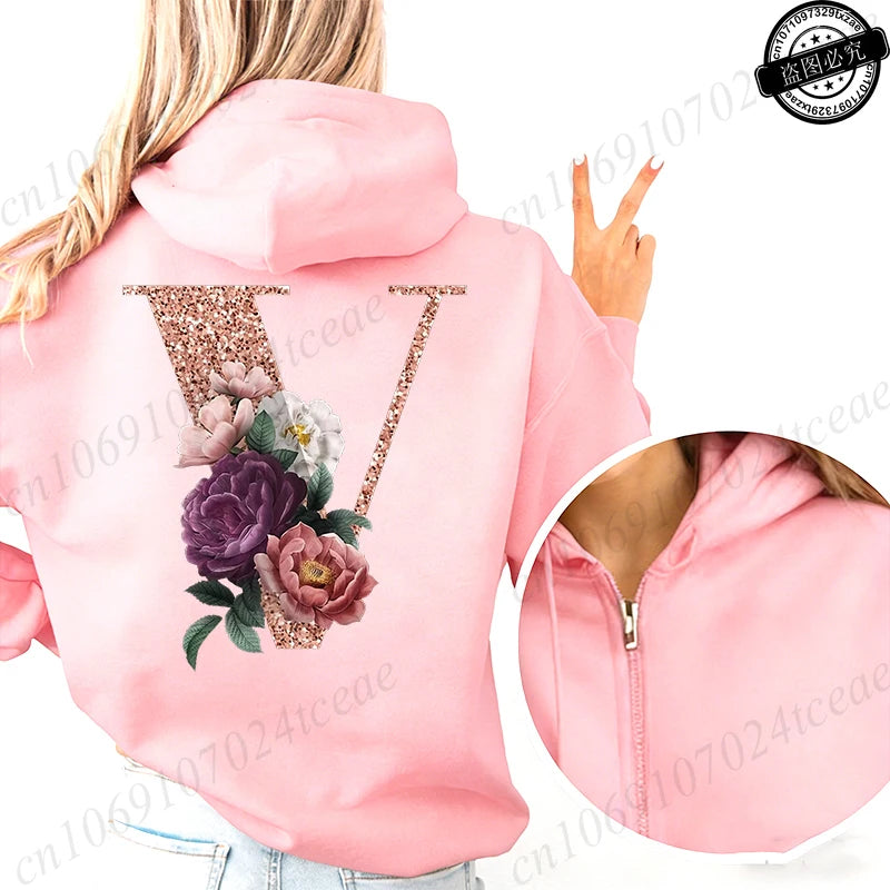 Women Zip Up Hoodies Rose Gold Letter A~Z Zipper Jackets Coats Autumn Winter Hoody Sweatshirt Fashion Casual Zip Pink Hoodie Top