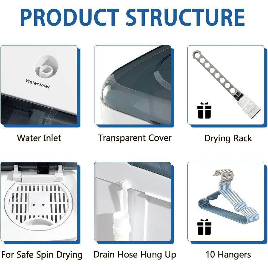 Portable Mini Twin Tub 32lbs Washing Machine With Drying Rack 10 Hangers 20lbs Washer 12lbs Spinner Small Laundry Washer with T