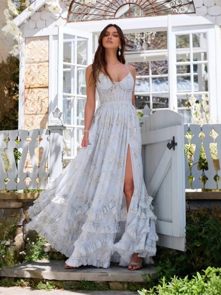 Sexy Summer Beach Dress 2025 Women Spaghetti Strap Vacation Holiday Long Dresses Elegant Ruffles Printed Vestidos Para Mujer