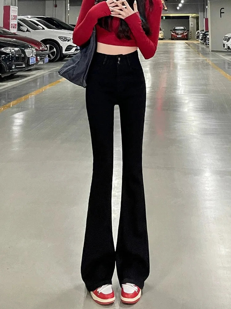 Fce Lined Thiened Autumn Winter American Sle High Waist Slim Fit Drapey Micro Flared Jeans Women's Premium Denim Pants