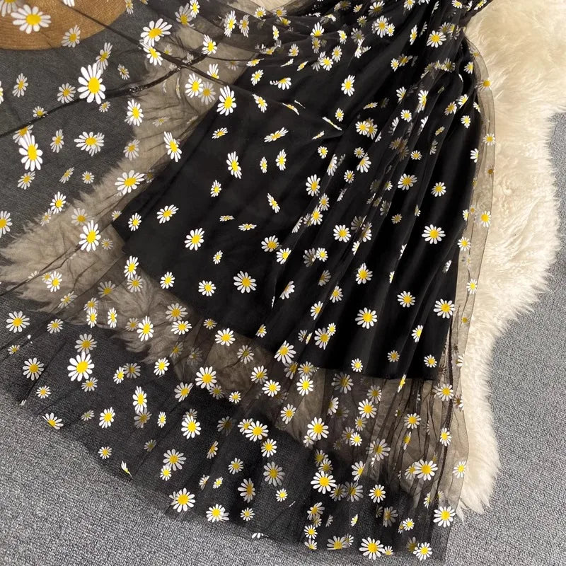 YuooMuoo Women Dress 2026 New Korean Fashion Floral Print Spaghetti Straps Mesh Party Dress Vacation Style Lady Beach Vestidos