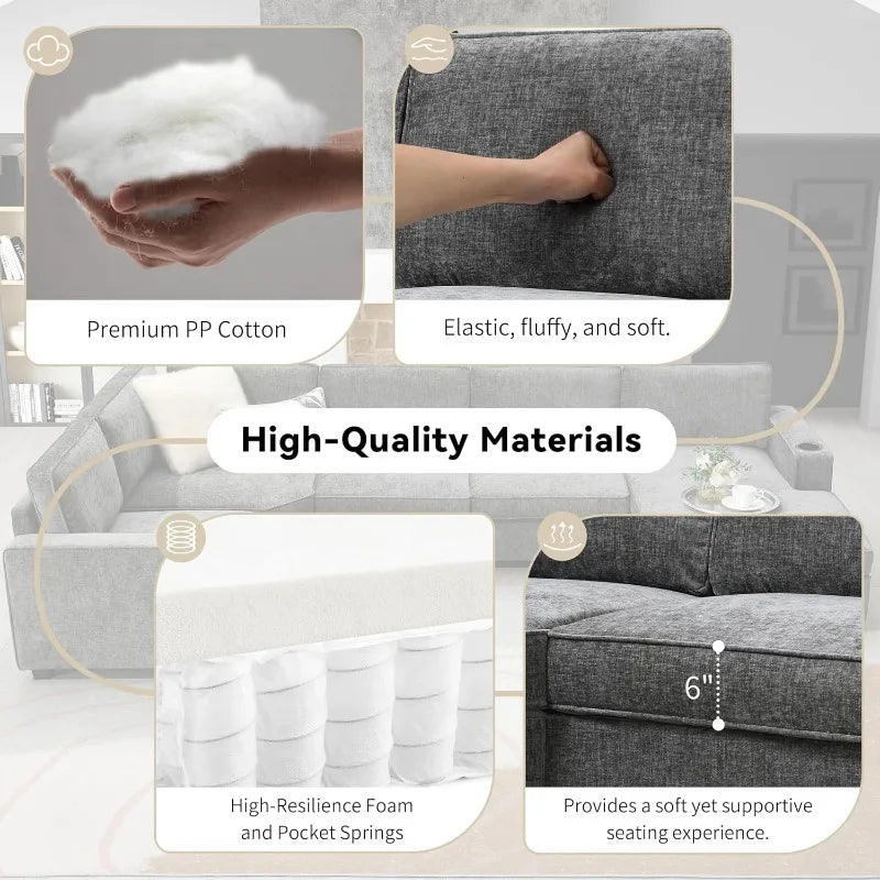 Modern U-Shaped Cloud Couch Set with Oversized Chaise Lounge, with Cup Holders for Living Room Dark Gray