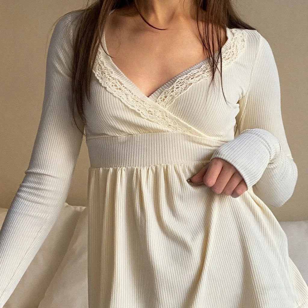 New Long Sleeve Lace Trimmed Wrap Blouse Womens Clothing Club Street Style Hot Sale S M L