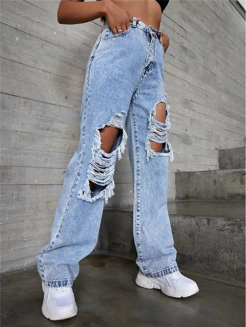 Women’s High-Waist Ripped Jeans – Mid-Stretch Trendy Denim